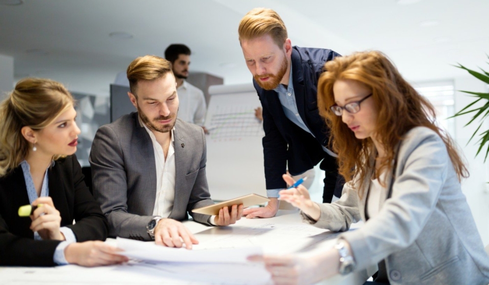 business-people-working-together-on-project-and-B3MZ4TX