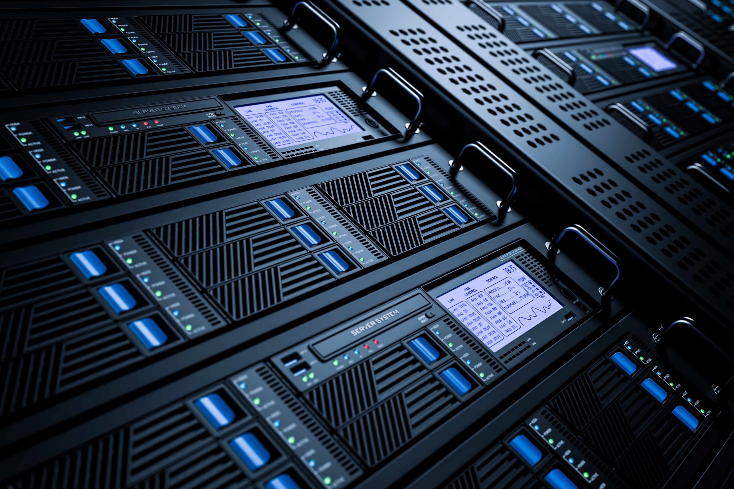 Server data center racks in server room 3D render